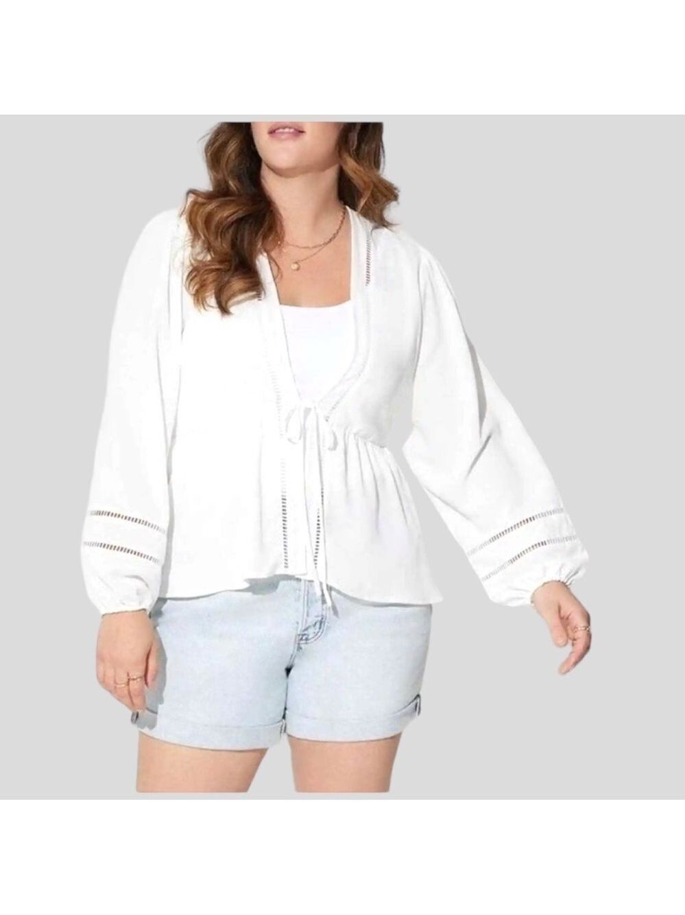 Torrid 2 Women’s White Eyelet Top Front Lace-up Cottagecore, Boho Long Sleeve - Picture 2 of 14
